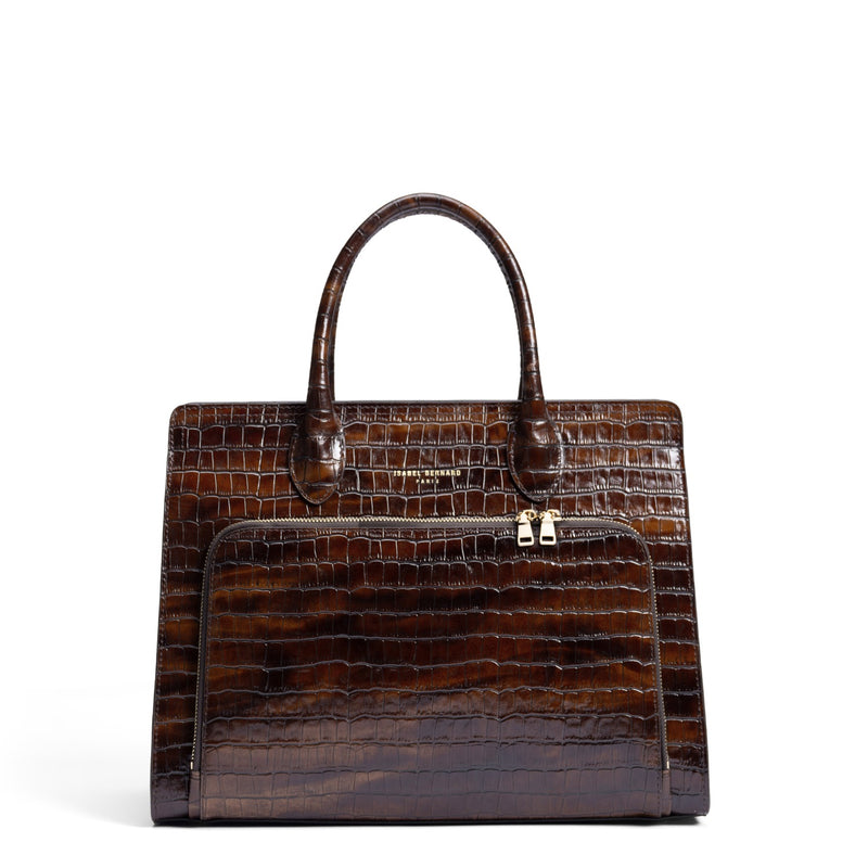 Isabel Bernard Honoré Nadine croco brown calfskin leather handbag with 13 inch laptop compartment IB25110-230-13-zoom-