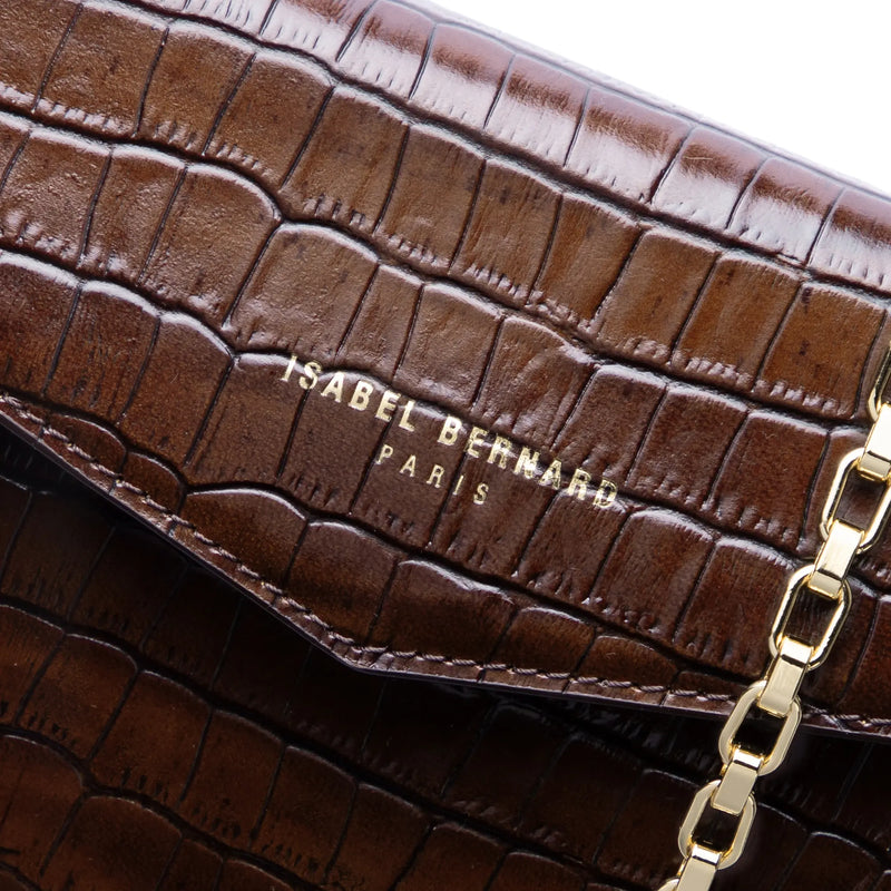 Isabel Bernard Honoré Lina Croco Brown Clutch With Detachable Shoulder Chain IB21135-230-zoom-