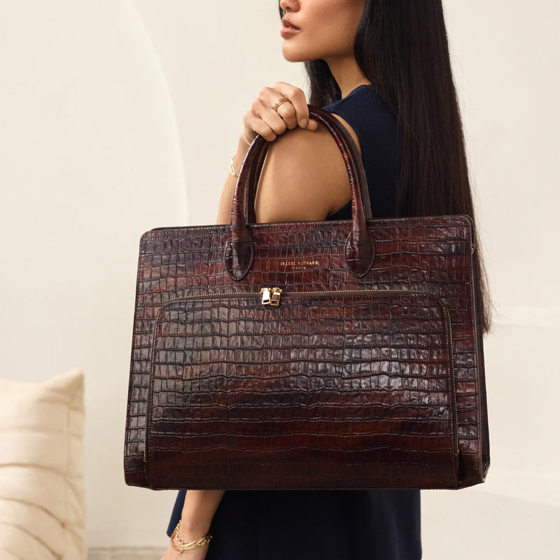 Isabel Bernard Honoré Nadine Croco Brown Leather Handbag made of Calfskin IB25034-zoom-