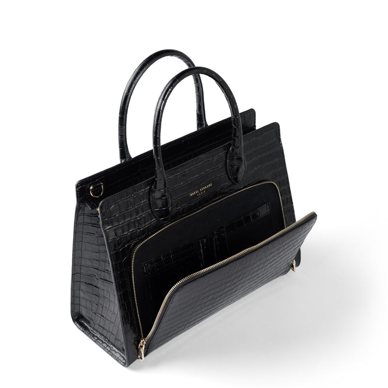 Isabel Bernard Honoré Nadine croco black calfskin leather handbag with 13 inch laptop compartment IB25110-201-13-zoom-