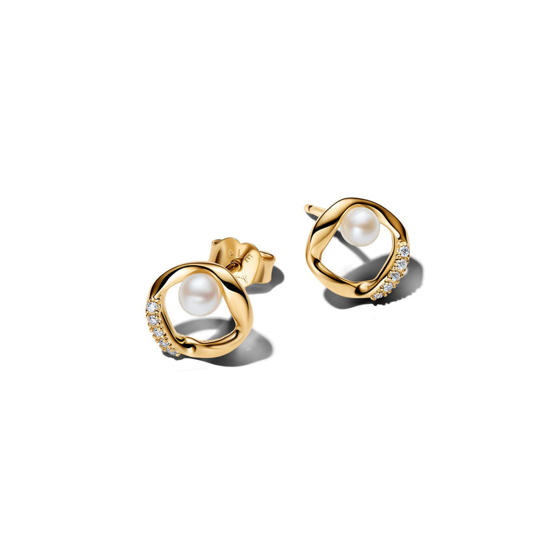 Pandora Essence Gold Plated Organically Shaped Pavé Circle & Treated Freshwater Cultured Pearl Stud Earrings 264662C01-zoom-