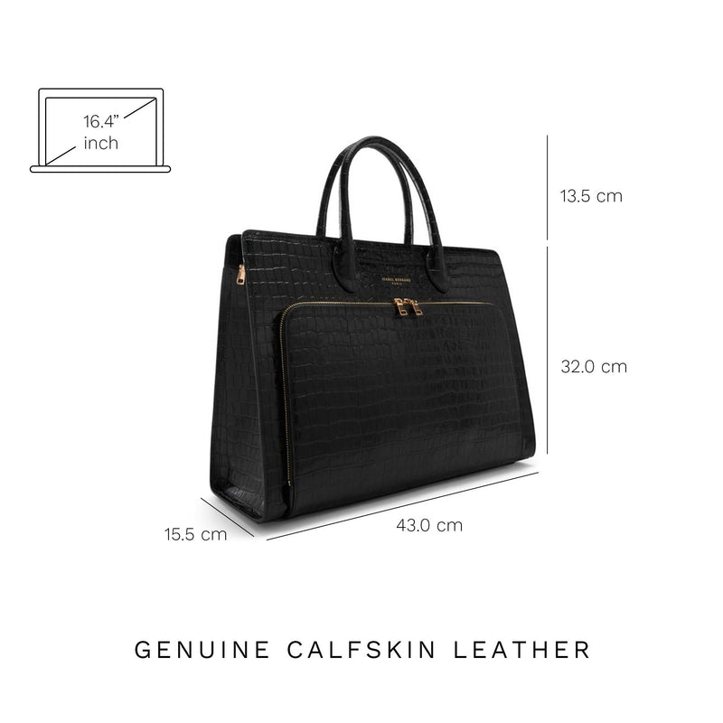 Isabel Bernard Honoré Nadine Black Croco Leather Handbag made of Calfskin IB25033-zoom-