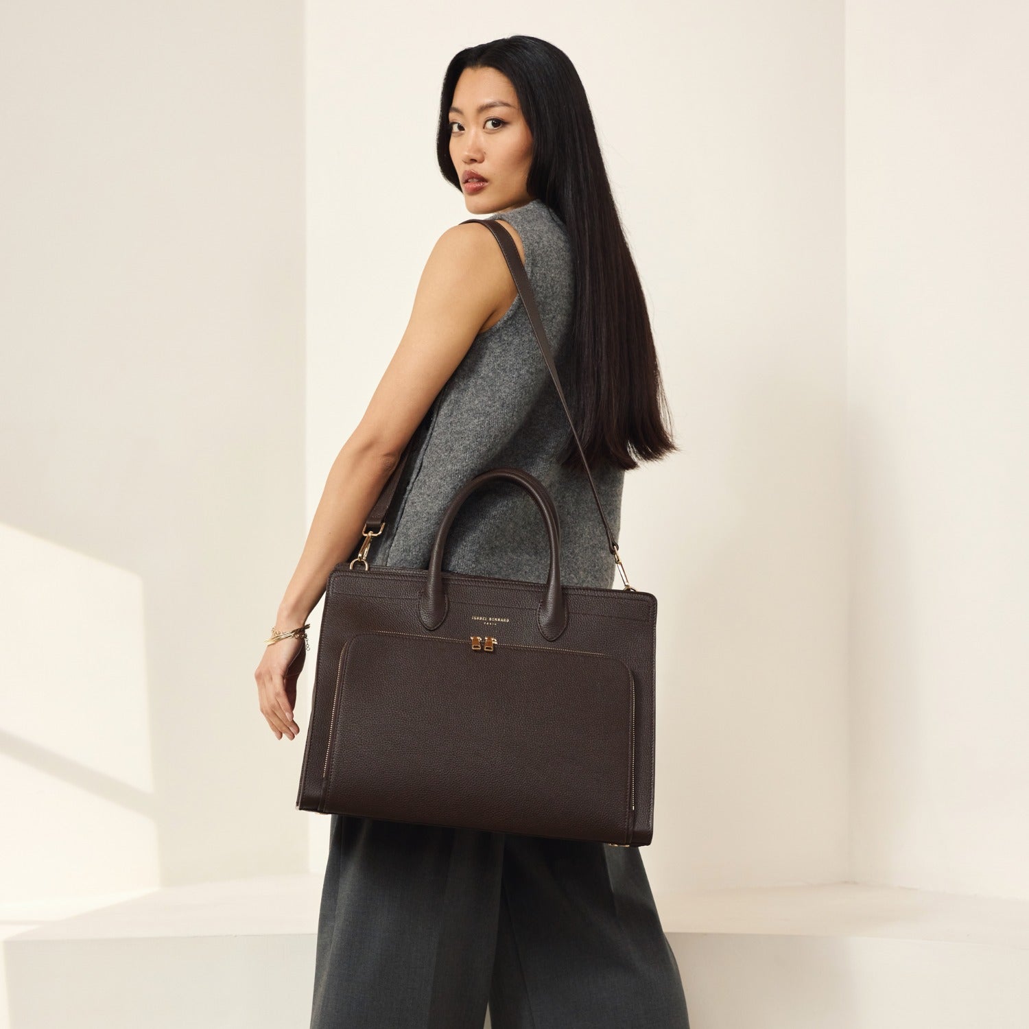 Isabel Bernard Honoré Nadine Brown Calfskin Leather Handbag with Laptop Compartment IB25087