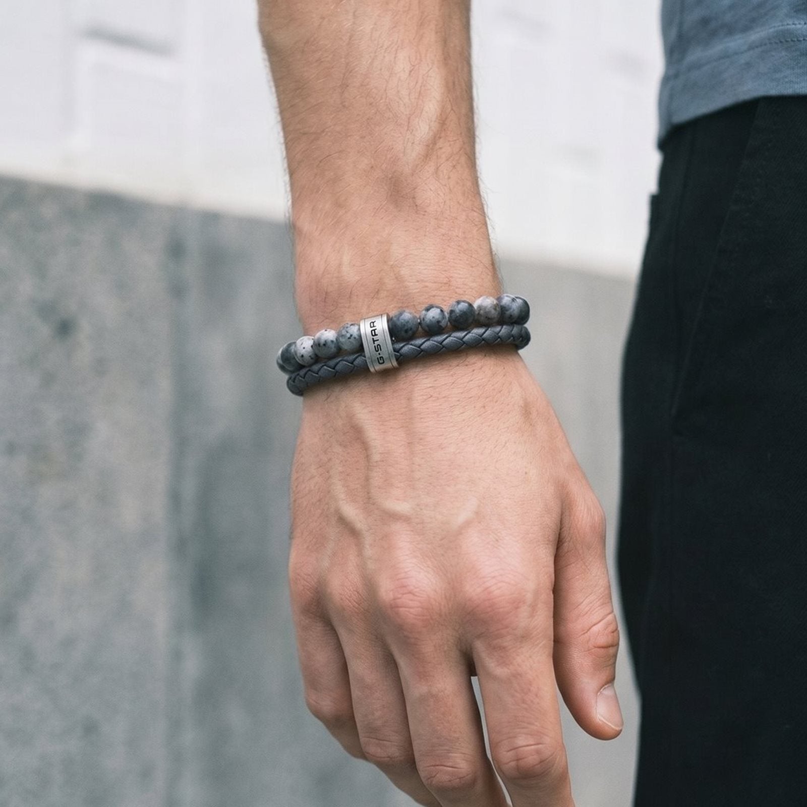G-STAR Tether02R Grey Braided Leather Bracelet GSJ.110.04