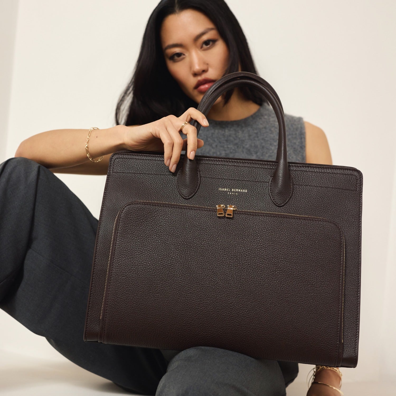 Isabel Bernard Honoré Nadine Brown Calfskin Leather Handbag with Laptop Compartment IB25087