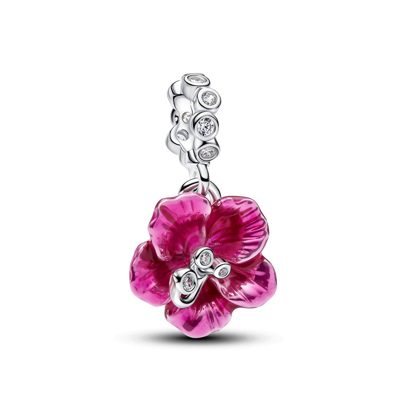 Pandora Moments 925 Sterling Silver Enamel Cubic Zirconia Hibiscus Dangle Charm 794698C01-zoom-