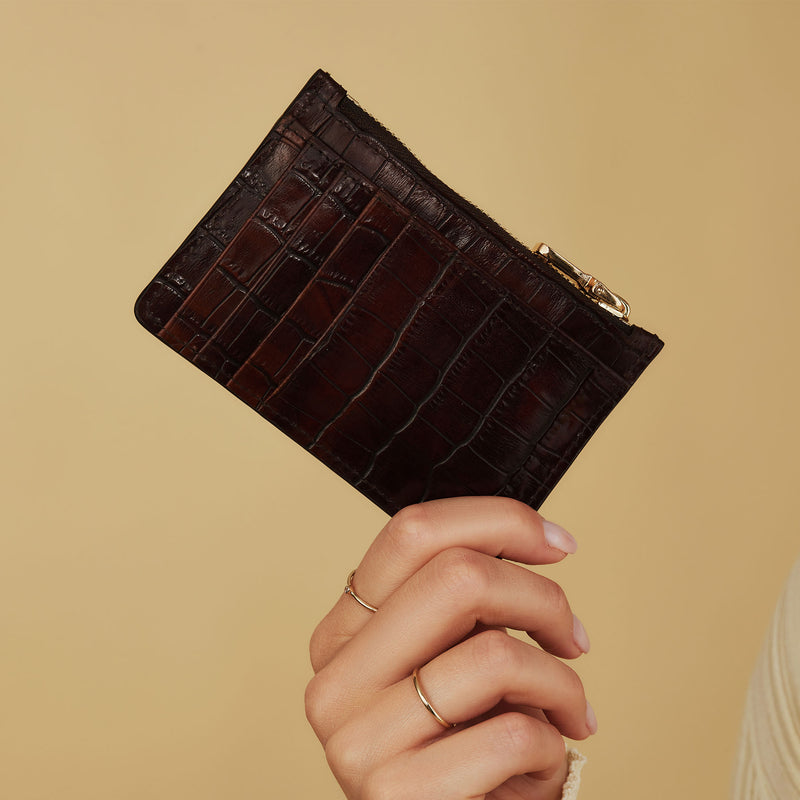 Isabel Bernard Honoré Aveline croco Brown Leather Card Holder made of Calfskin IB27019-zoom-