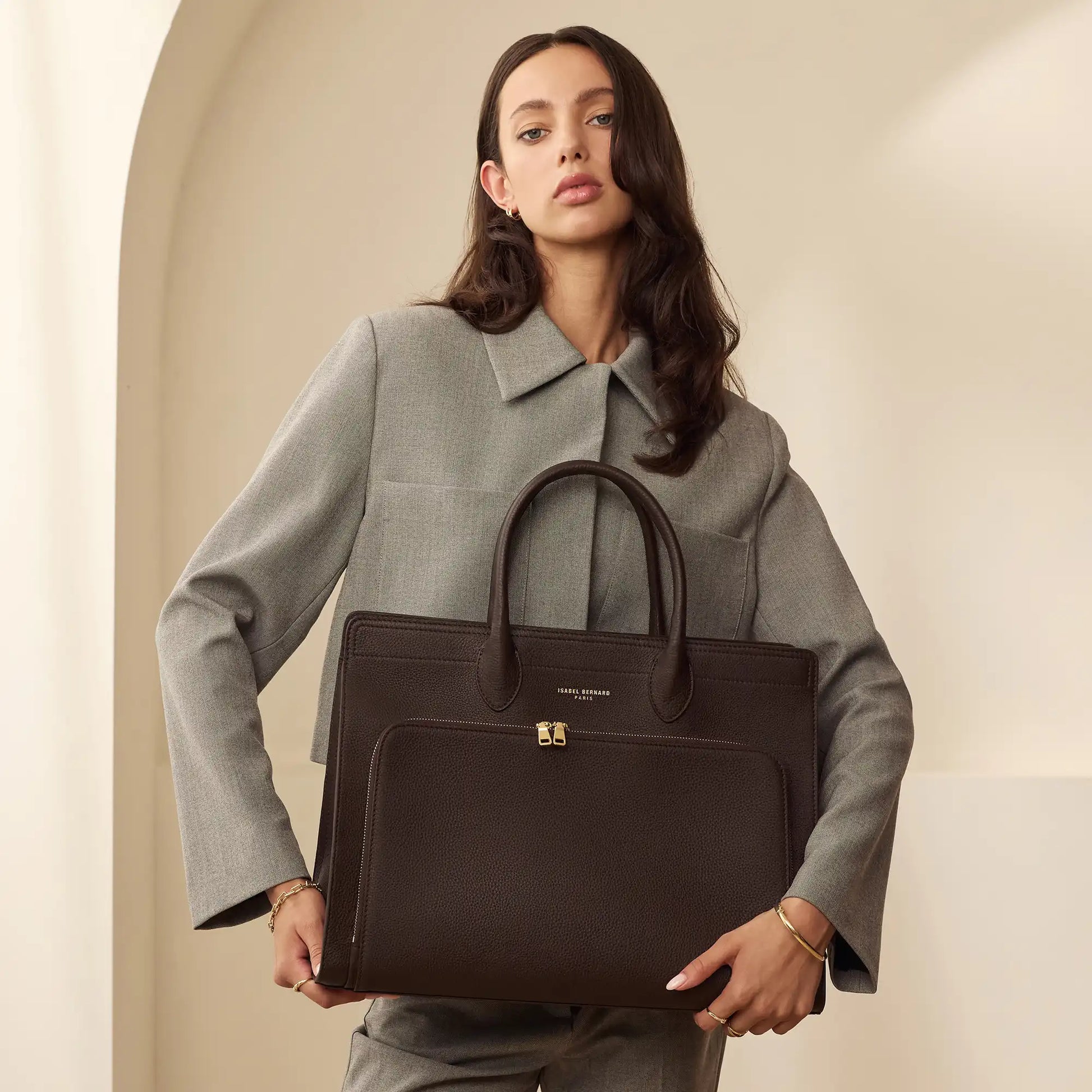 Isabel Bernard Honoré Nadine Brown Calfskin Leather Handbag with Laptop Compartment IB25087
