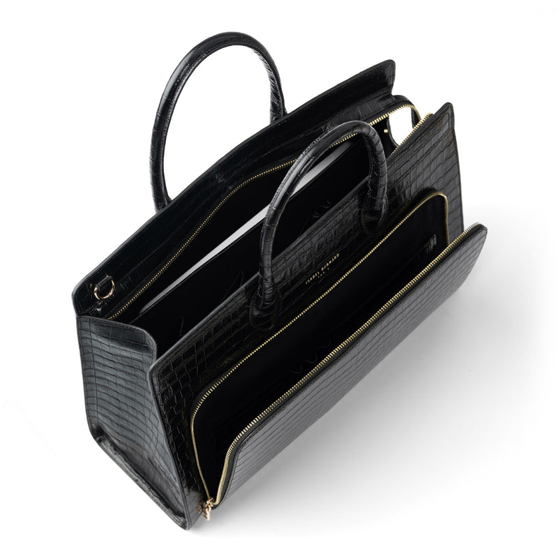 Isabel Bernard Honoré Nadine Black Croco Leather Handbag made of Calfskin IB25033-zoom-