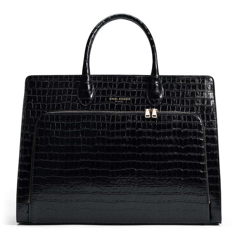 Isabel Bernard Honoré Nadine Black Croco Leather Handbag made of Calfskin IB25033-zoom-