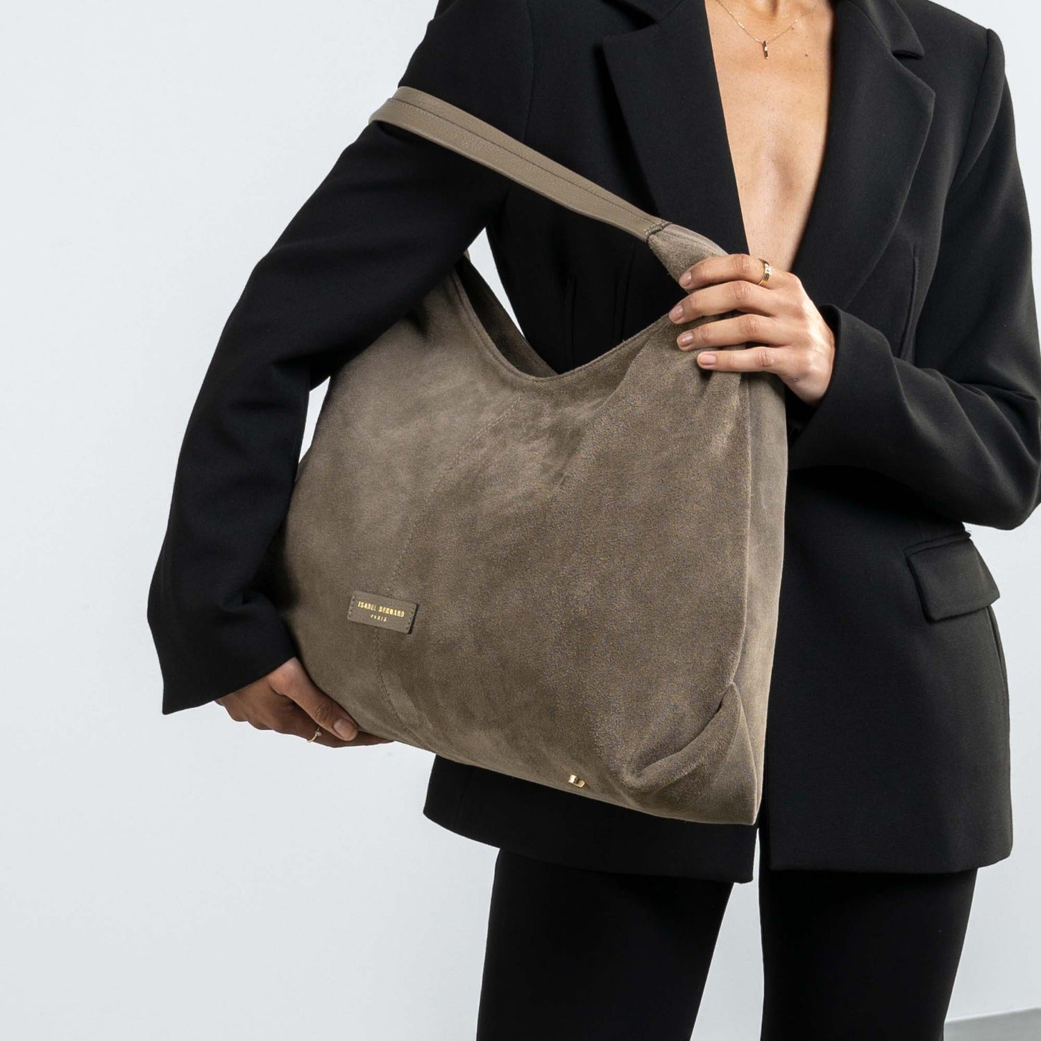 Isabel Bernard Honoré Grace taupe suede shoulder bag IB25093-178
