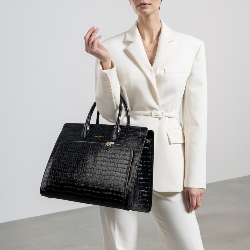 Isabel Bernard Honoré Nadine Black Croco Leather Handbag made of Calfskin IB25033-zoom-