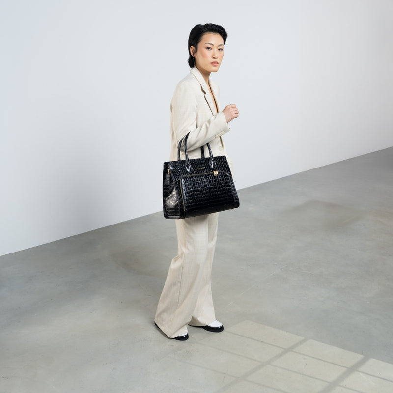 Isabel Bernard Honoré Nadine croco black calfskin leather handbag with 13 inch laptop compartment IB25110-201-13-zoom-