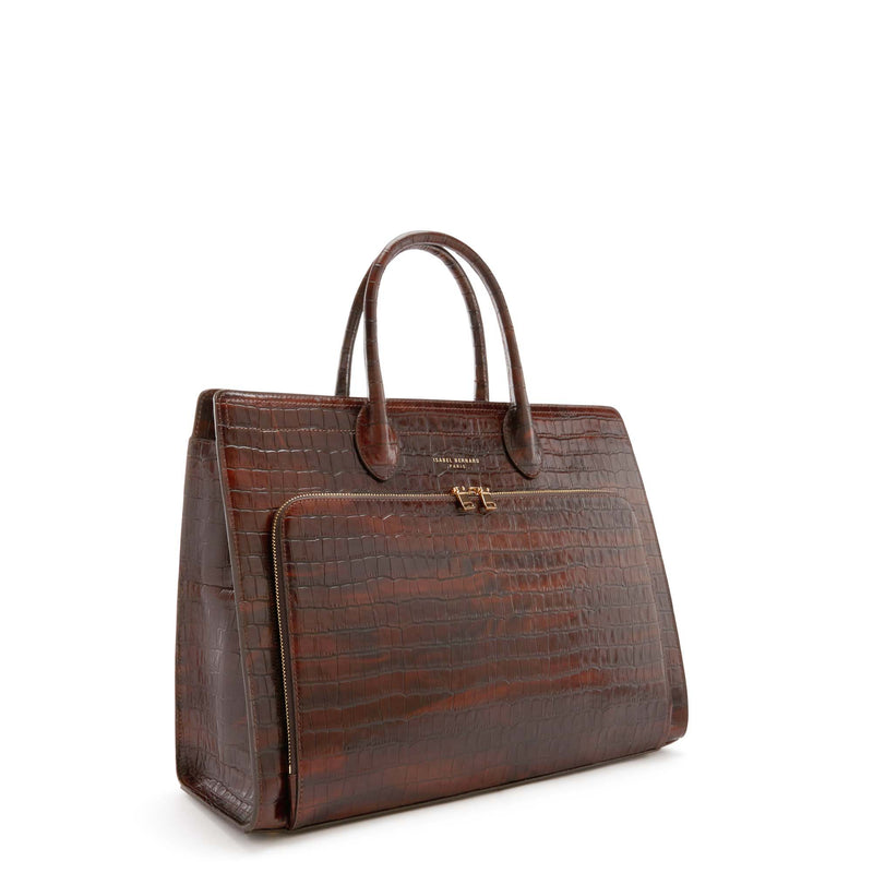 Isabel Bernard Honoré Nadine Croco Brown Leather Handbag made of Calfskin IB25034-zoom-