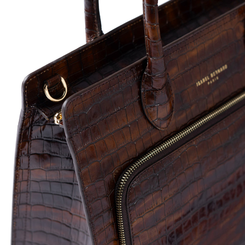 Isabel Bernard Honoré Nadine croco brown calfskin leather handbag with 13 inch laptop compartment IB25110-230-13-zoom-