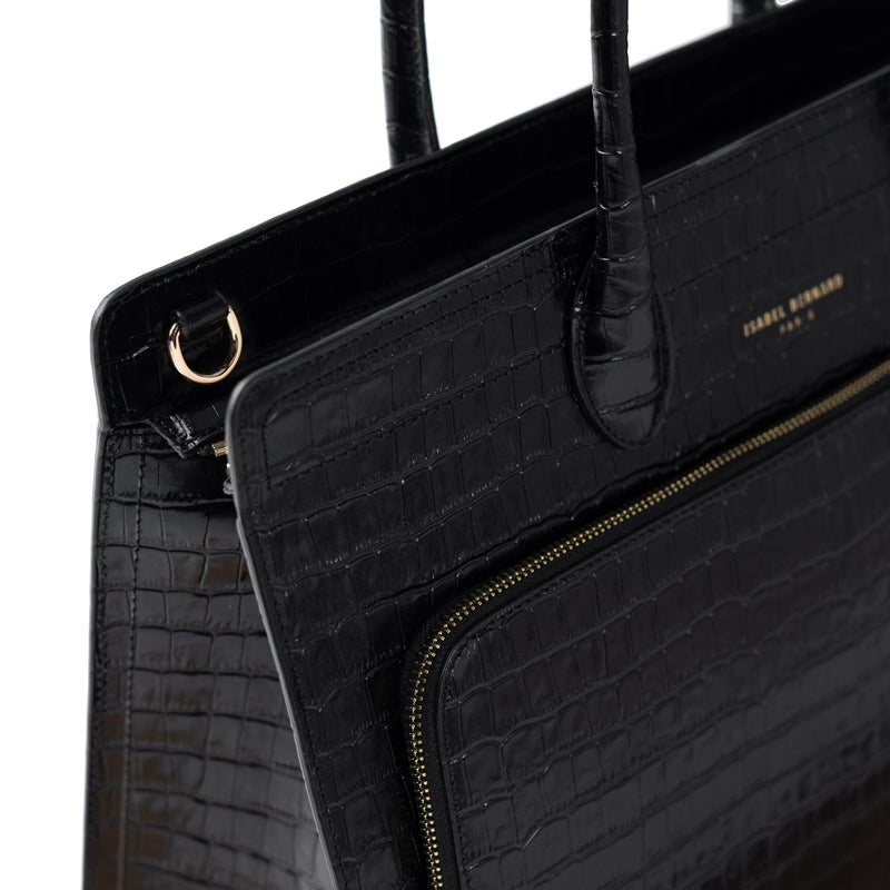 Isabel Bernard Honoré Nadine Black Croco Leather Handbag made of Calfskin IB25033-zoom-
