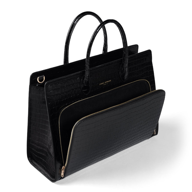 Isabel Bernard Honoré Nadine Black Croco Leather Handbag made of Calfskin IB25033-zoom-